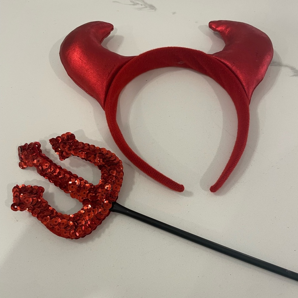 Red Devil Horns and Pitchfork adult or kids Costume Set